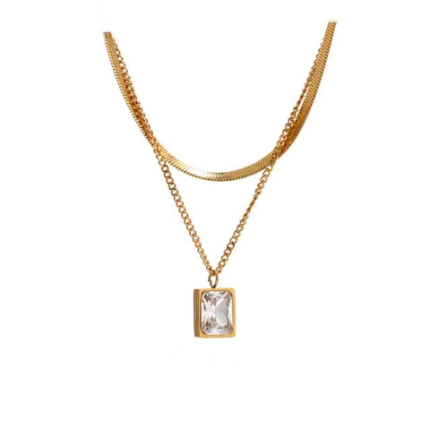 Gold double layer necklace with colored pendant