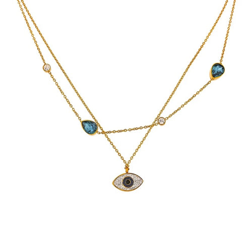 Gold double layer necklace with zirkonia stones and pendant