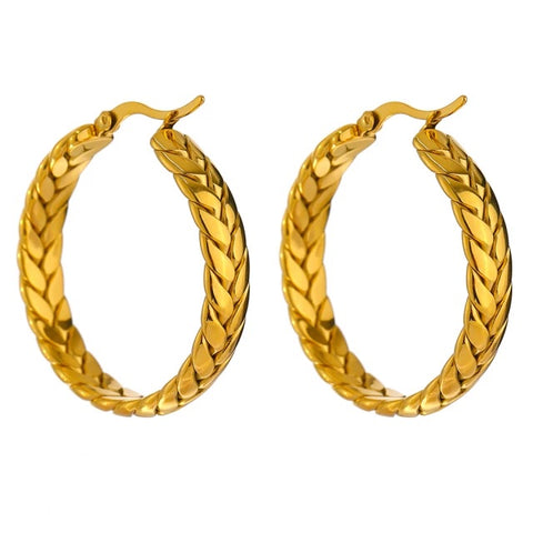 Gold hoop earrings with braided design