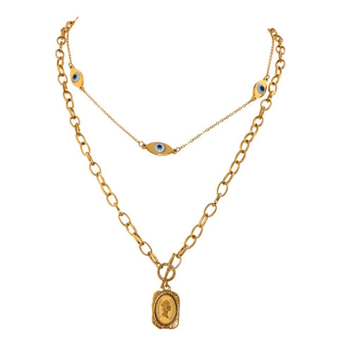 Gold double layer chained necklace with pendants