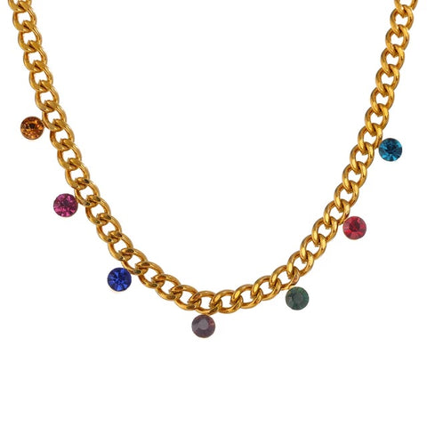 Gold necklace with colored zirkonia stones